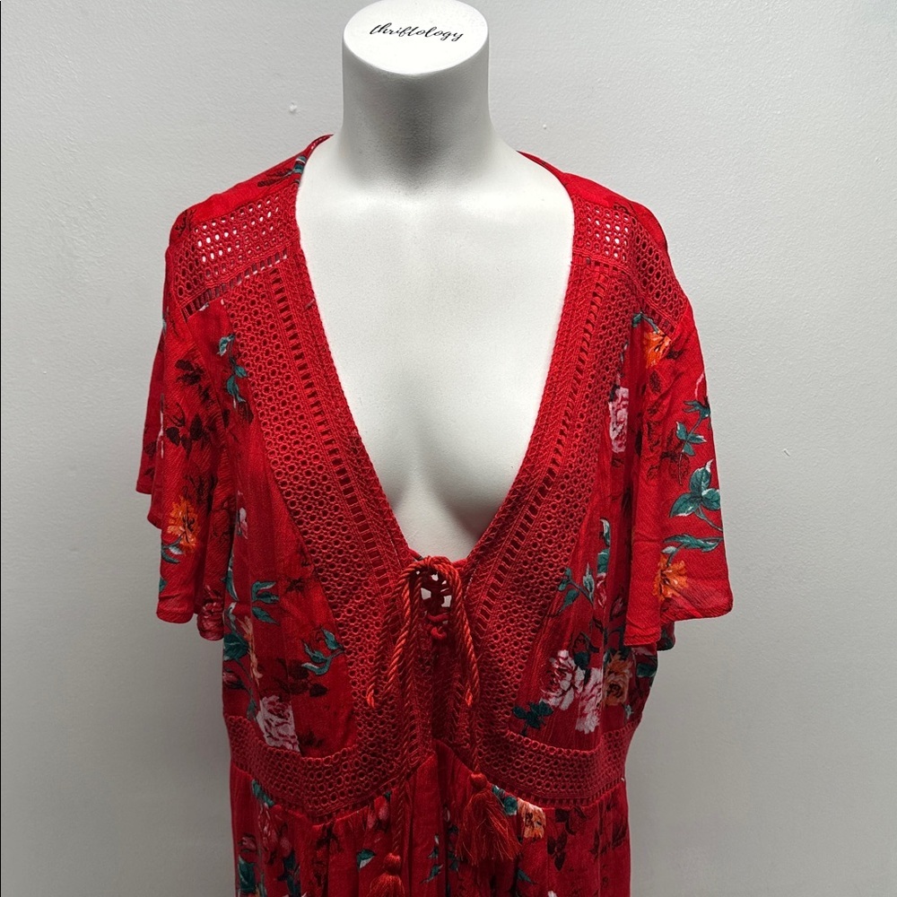 Torrid Dress Short Sleeve Mini Gauze Lace Up Skater Floral Red Plus Size 2X - Picture 3 of 11